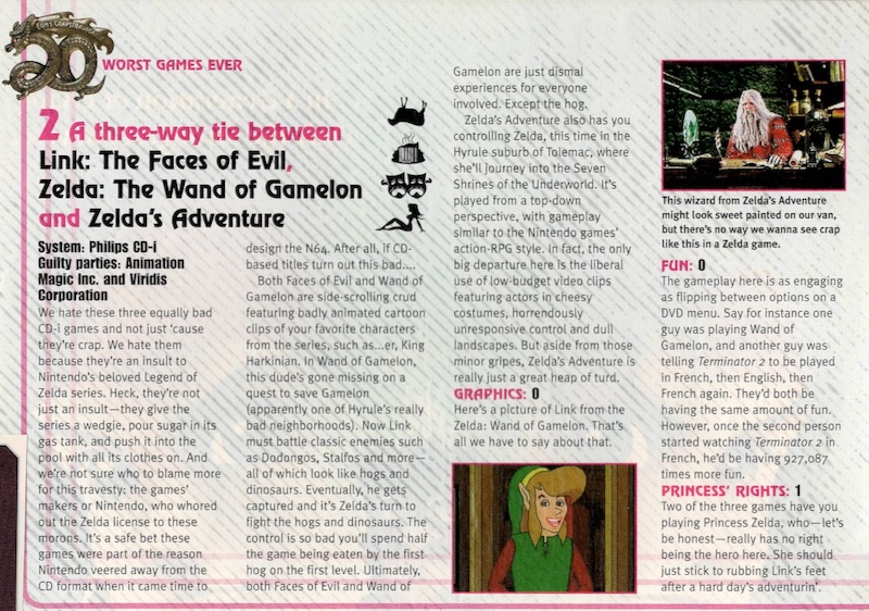 A scan of from a page in Electronic Games Magazine talking about the worst games ever which is a three-way tie between Link: The Faces of Evil, Zelda: The Wand of Gamelon, and Zelda's Adventure